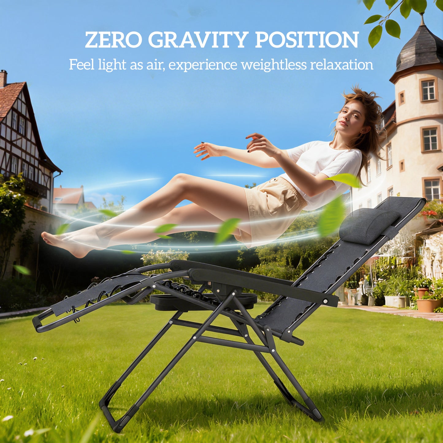 Set of 2 Zero Gravity Folding Sun Loungers | Reclining | Headrest & Tray | Dark Grey