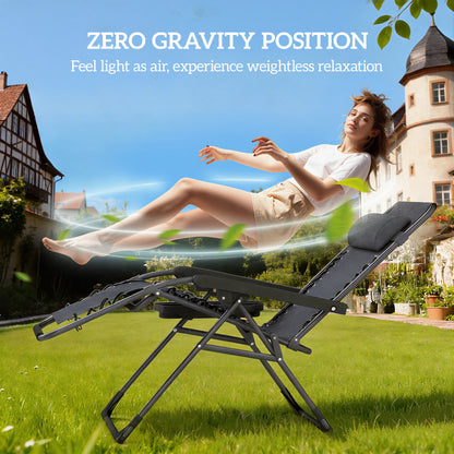 Set of 2 Zero Gravity Folding Sun Loungers | Reclining | Headrest & Tray | Dark Grey