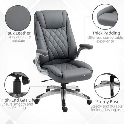Executive Faux Leather Office Chair | High Back | Headrest | High Arms | Thick Padding | Rocking Function | 360° Swivel | 5 Wheels | Height Adjustable 113-121cm | 135kg | Dark Grey