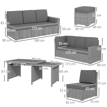 7 Piece Rattan Garden Sofa Set Seats 10 | Corner Sofa | 3 Seater Sofa | 2 Armless Chairs | Expanding Dining Table | 5mm Tempered Glass | PE Rattan & Steel Frame | Washable Cushions | Light Grey