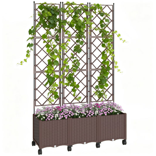 Self-Watering Raised Planter with Trellis | 8 Wheels 4 Lockable | Built-In Reservoir | Drainage Holes & Plugs | PP Fade Resistant | 20kg Capacity | 120x40x192cm | Brown