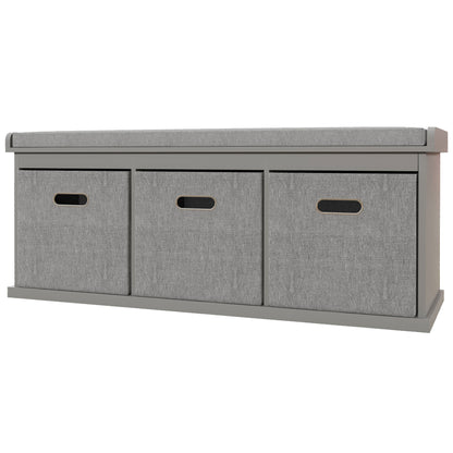 Shoe Bench with Seat, Shoe Storage Bench with Cushion and 3 Fabric Drawers for Entryway, Hallway, Living Room, Bedroom, Grey
