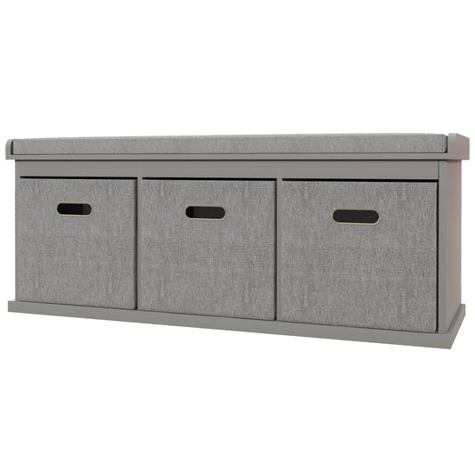 Shoe Bench with Seat, Shoe Storage Bench with Cushion and 3 Fabric Drawers for Entryway, Hallway, Living Room, Bedroom, Grey
