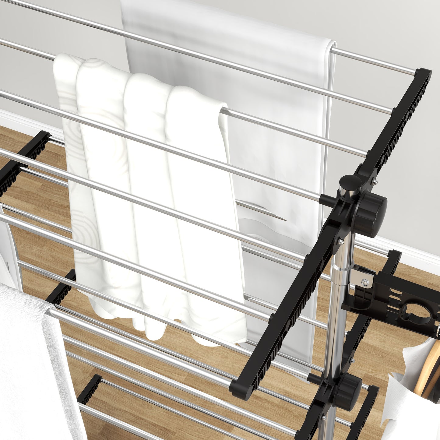 Shelf Collapsing Clothes Horse, With Side Arms and Wheels - Black