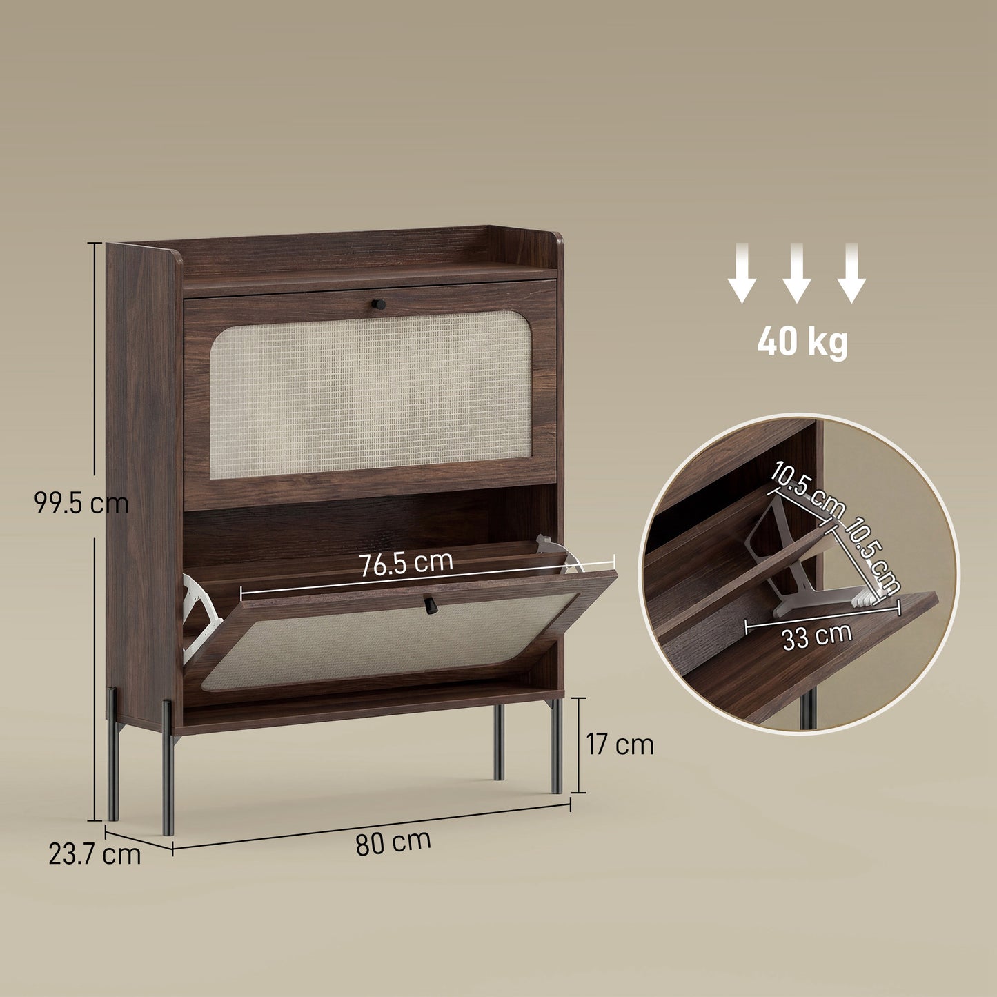 Boho Narrow Shoe Cabinet | 2 Flip Drawers | Rattan Fronts | 12-16 Pairs | Adjustable Shelves | Anti-Tip Hardware | Melamine Coating | 40kg Capacity | 80x23.7x99.5cm | Dark Brown