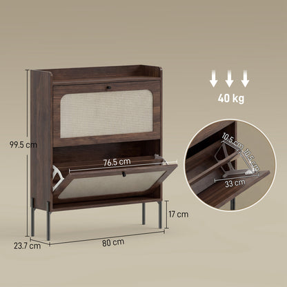 Boho Narrow Shoe Cabinet | 2 Flip Drawers | Rattan Fronts | 12-16 Pairs | Adjustable Shelves | Anti-Tip Hardware | Melamine Coating | 40kg Capacity | 80x23.7x99.5cm | Dark Brown