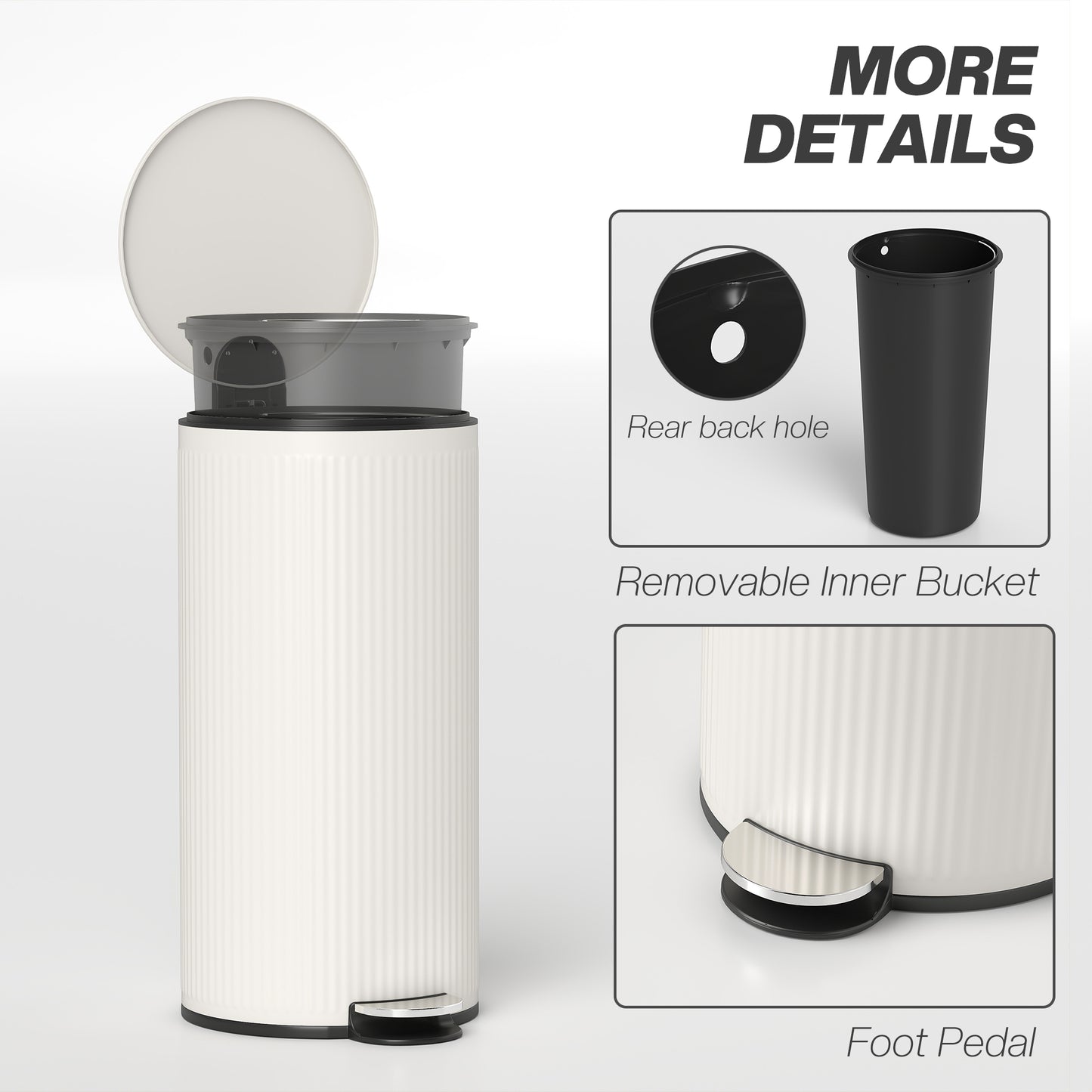 30L Kitchen Pedal Bin | Soft-Close Lid | Removable Inner Bucket | Lid Stay-Open | Fingerprint-Proof | Vertical Striped Metal & PP | Fully Assembled | 36x30x60.5cm | Cream
