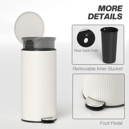 30L Kitchen Pedal Bin | Soft-Close Lid | Removable Inner Bucket | Lid Stay-Open | Fingerprint-Proof | Vertical Striped Metal & PP | Fully Assembled | 36x30x60.5cm | Cream