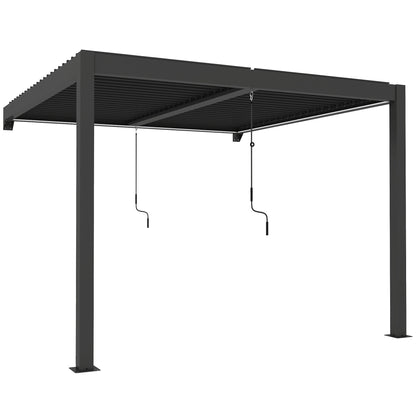 3x3m Wall-Mounted Louvered Pergola | LED Lights | Adjustable Louvres | Drainage | Windproof 7-8 | Dark Grey