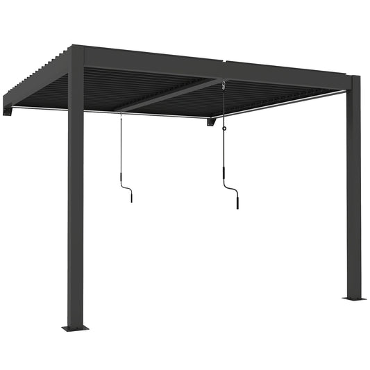 3x3m Wall-Mounted Louvered Pergola | LED Lights | Adjustable Louvres | Drainage | Windproof 7-8 | Dark Grey