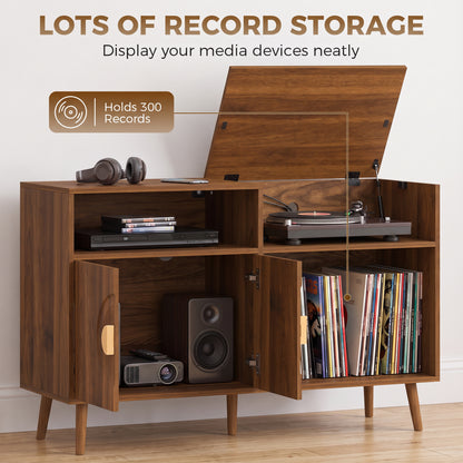 Record Player Stand with Vinyl Storage for 300 Albums | 5 Record Slots | Flip-Top Compartment | Double-Door Cabinet | Cable Hole | Pine Legs | Melamine Finish | 120x40x76cm | Walnut Brown or Black