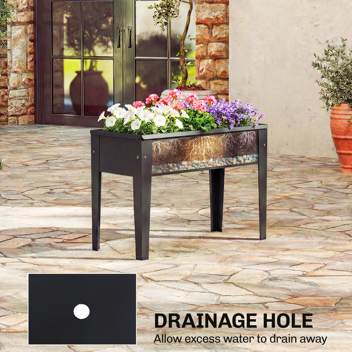 Raised Metal Planter on Legs | 20L Capacity | Drainage Hole | Polished Edges | Rubber Foot Covers | Balcony & Patio | 60x27x45cm | Black