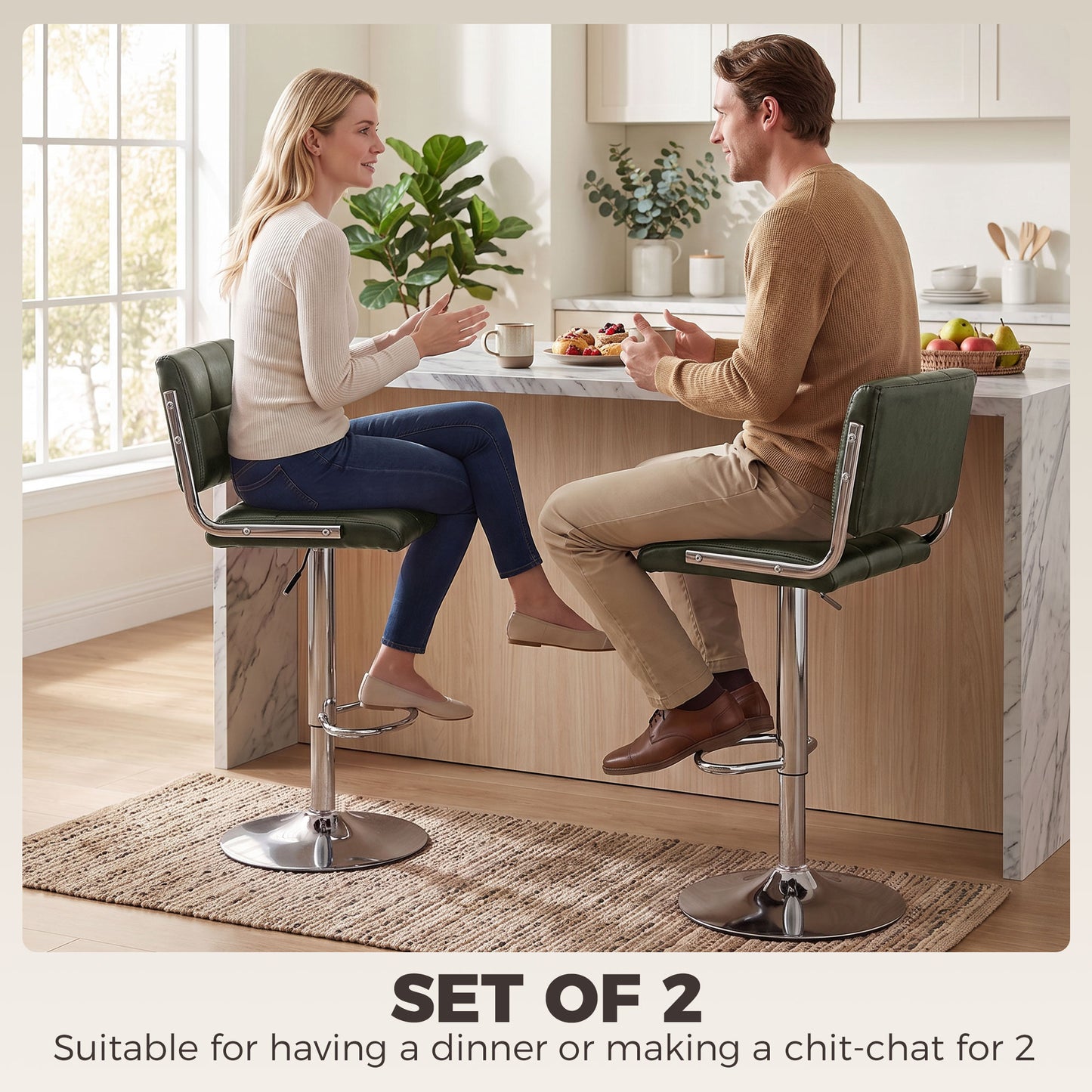 PU Leather Adjustable Bar Stools | Set of 2 | Square Tufted Backrest | Footrest | 62–83cm Height | Kitchen Island | Green