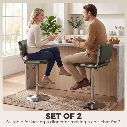 PU Leather Adjustable Bar Stools | Set of 2 | Square Tufted Backrest | Footrest | 62–83cm Height | Kitchen Island | Green