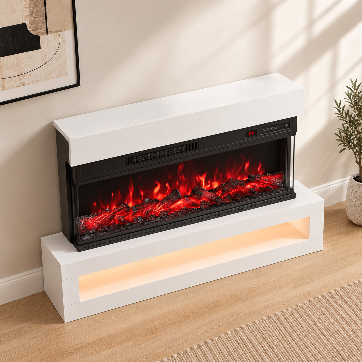 110cm Three-Sided Electric Fireplace Suite | 900/1800W, 12 Flame Colours & LED Shelf | Wall Mounted or Freestanding, Remote & Timer | White