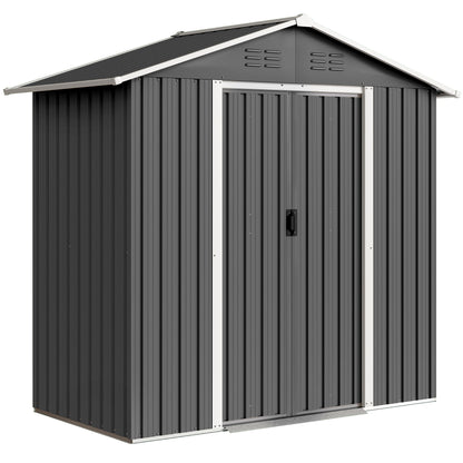 Galvanised Steel Garden Storage Shed | Double Sliding Lockable Door | 4 Vents | Sloped Roof | Steel Tile Roof & Walls | 194x107x191cm | 1.8m² | Dark Grey