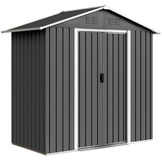 Galvanised Steel Garden Storage Shed | Double Sliding Lockable Door | 4 Vents | Sloped Roof | Steel Tile Roof & Walls | 194x107x191cm | 1.8m² | Dark Grey