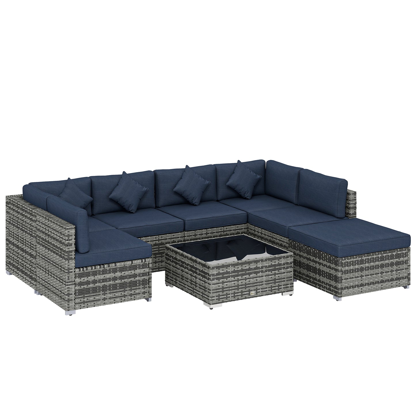 8-Piece Modular PE Rattan Corner Sofa Set | 2 Corner & 4 Middle Seats | Footstool | Tempered Glass Coffee Table | Thick Cushions | 4 Coloured Pillows | Protective Cover | Adjustable Foot Pads | 120kg Per Seat | Dark Blue