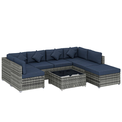 8-Piece Modular PE Rattan Corner Sofa Set | 2 Corner & 4 Middle Seats | Footstool | Tempered Glass Coffee Table | Thick Cushions | 4 Coloured Pillows | Protective Cover | Adjustable Foot Pads | 120kg Per Seat | Dark Blue