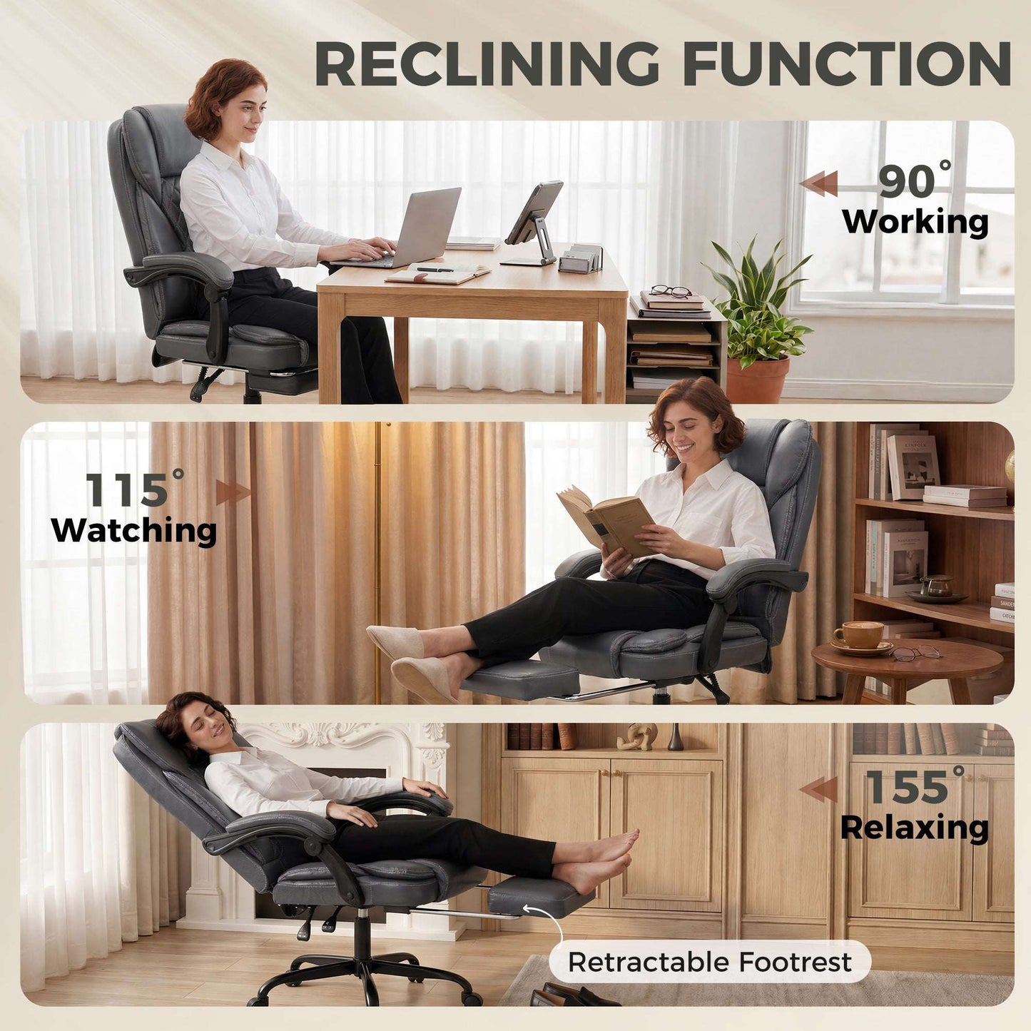 High-Back Executive Reclining Office Chair | 90-135° Recline | Linkage Armrests | Retractable Footrest | Pocket Spring & Foam Seat | PU Leather | EN1335 & BS5852 | 120kg | Grey