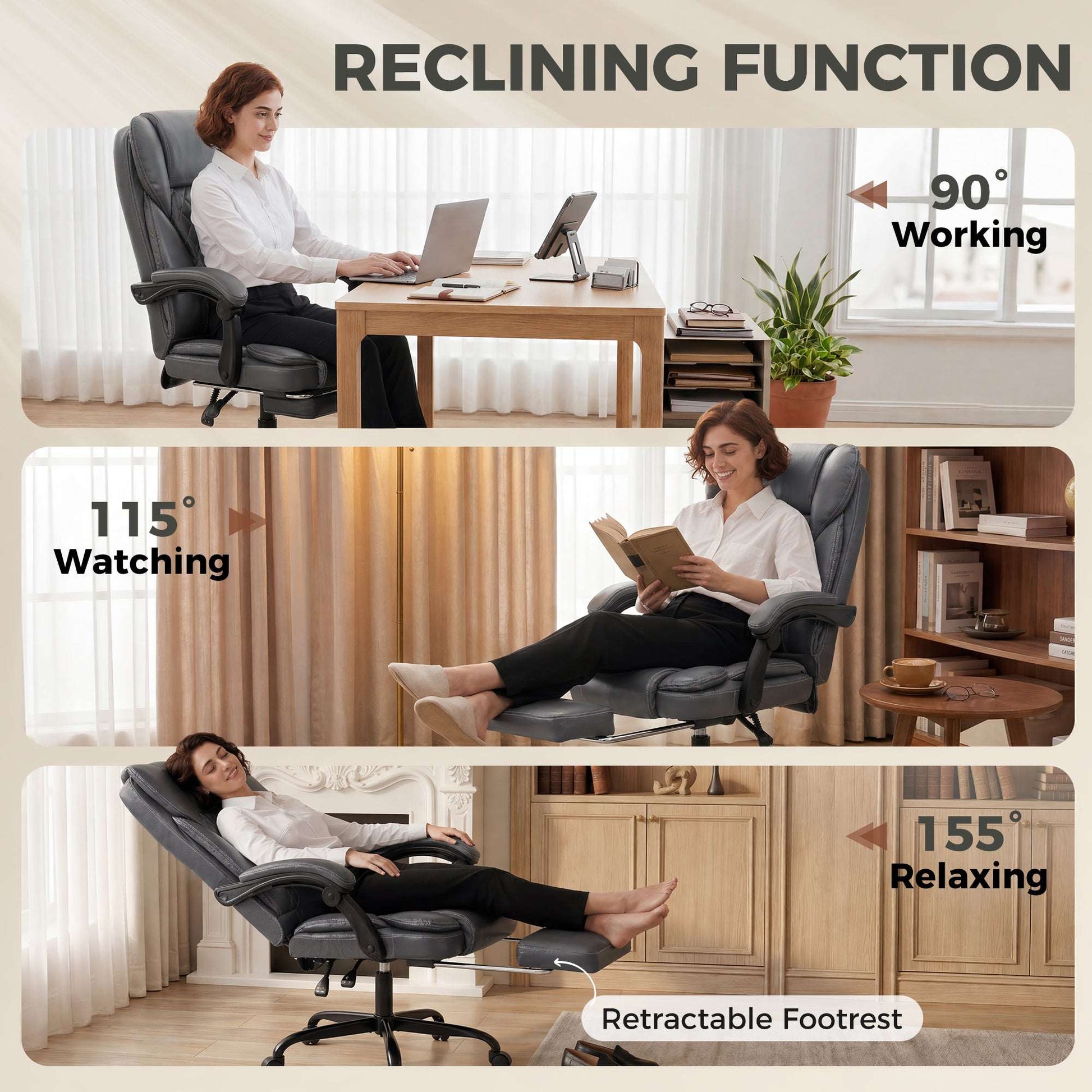 High-Back Executive Reclining Office Chair | 90-135° Recline | Linkage Armrests | Retractable Footrest | Pocket Spring & Foam Seat | PU Leather | EN1335 & BS5852 | 120kg | Grey