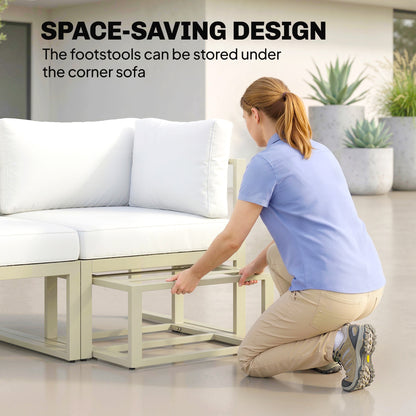 6-Piece 2-in-1 Garden Daybed & Sofa Set | Converts to Sectional Sofa | Aluminium Frame | 10-18cm Cushions | Washable Covers | Footstools Store Under Corners | 160kg Capacity | Cream & Rose Gold