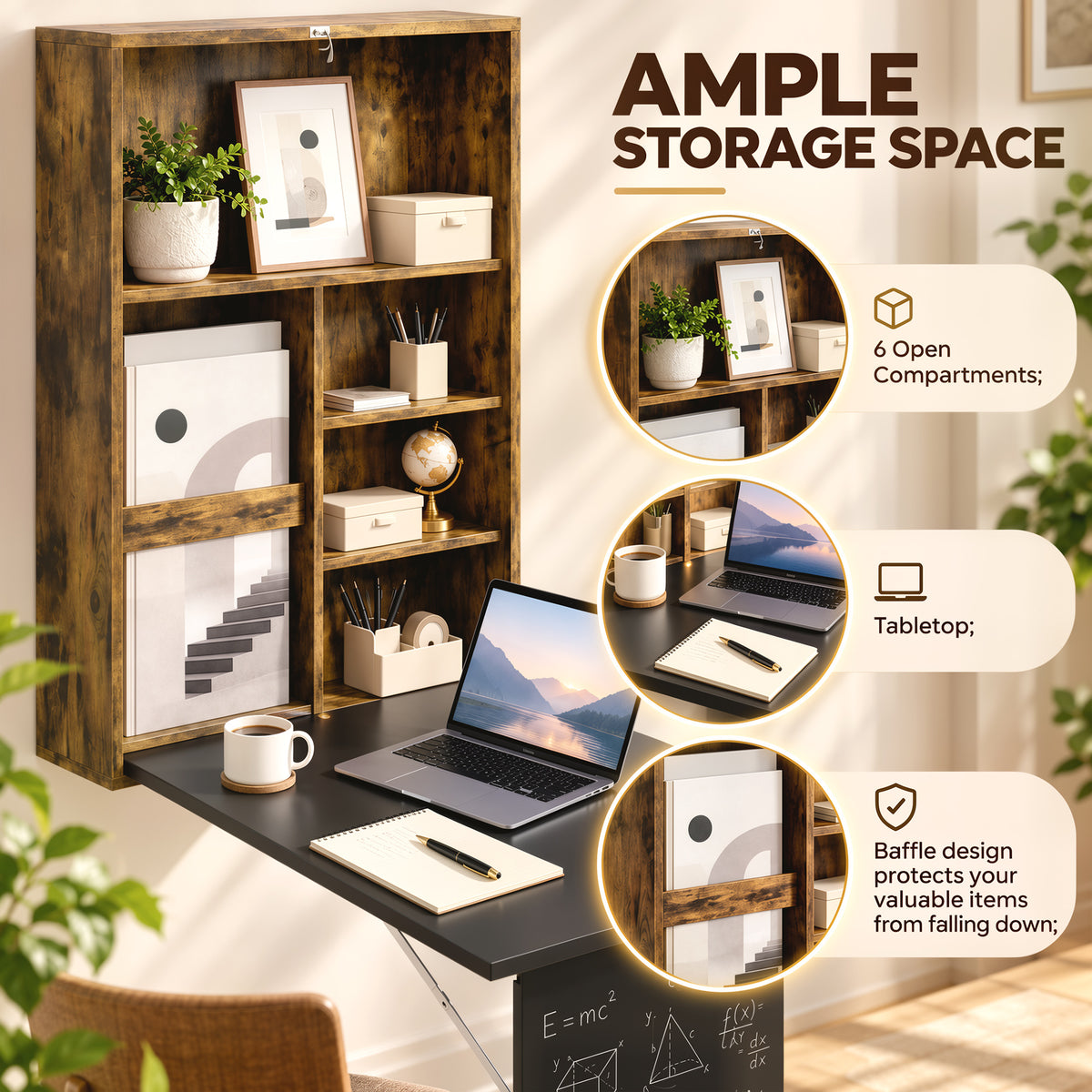Wall-Mounted Folding Drop-Leaf Desk with Chalkboard & Storage Shelves | 78x56.5cm Tabletop | Folds to 16cm Deep | 20kg Tabletop Capacity | MDF | Rustic Brown & Black | 60x94.5x147cm Open