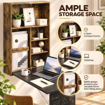 Wall-Mounted Folding Drop-Leaf Desk with Chalkboard & Storage Shelves | 78x56.5cm Tabletop | Folds to 16cm Deep | 20kg Tabletop Capacity | MDF | Rustic Brown & Black | 60x94.5x147cm Open