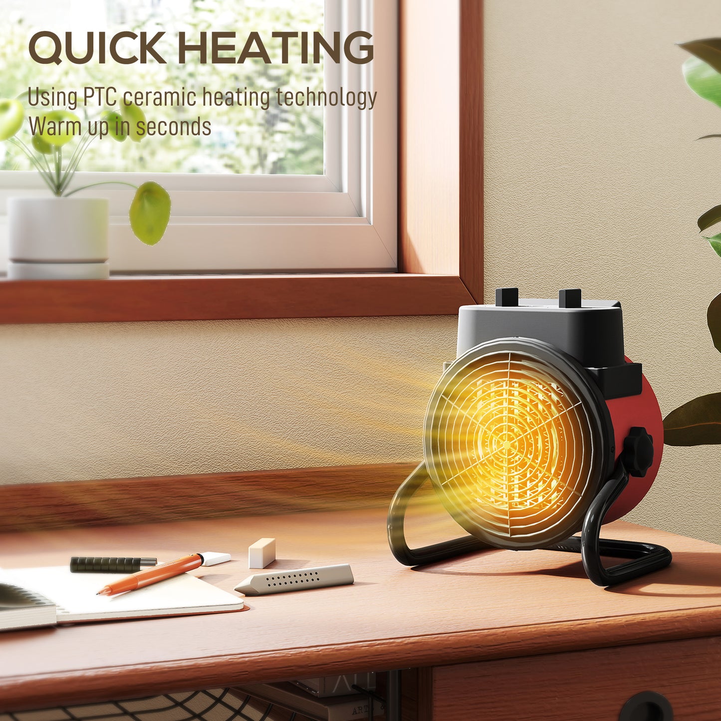 2000W Portable Ceramic Electric Heater with Fan - Red / Black