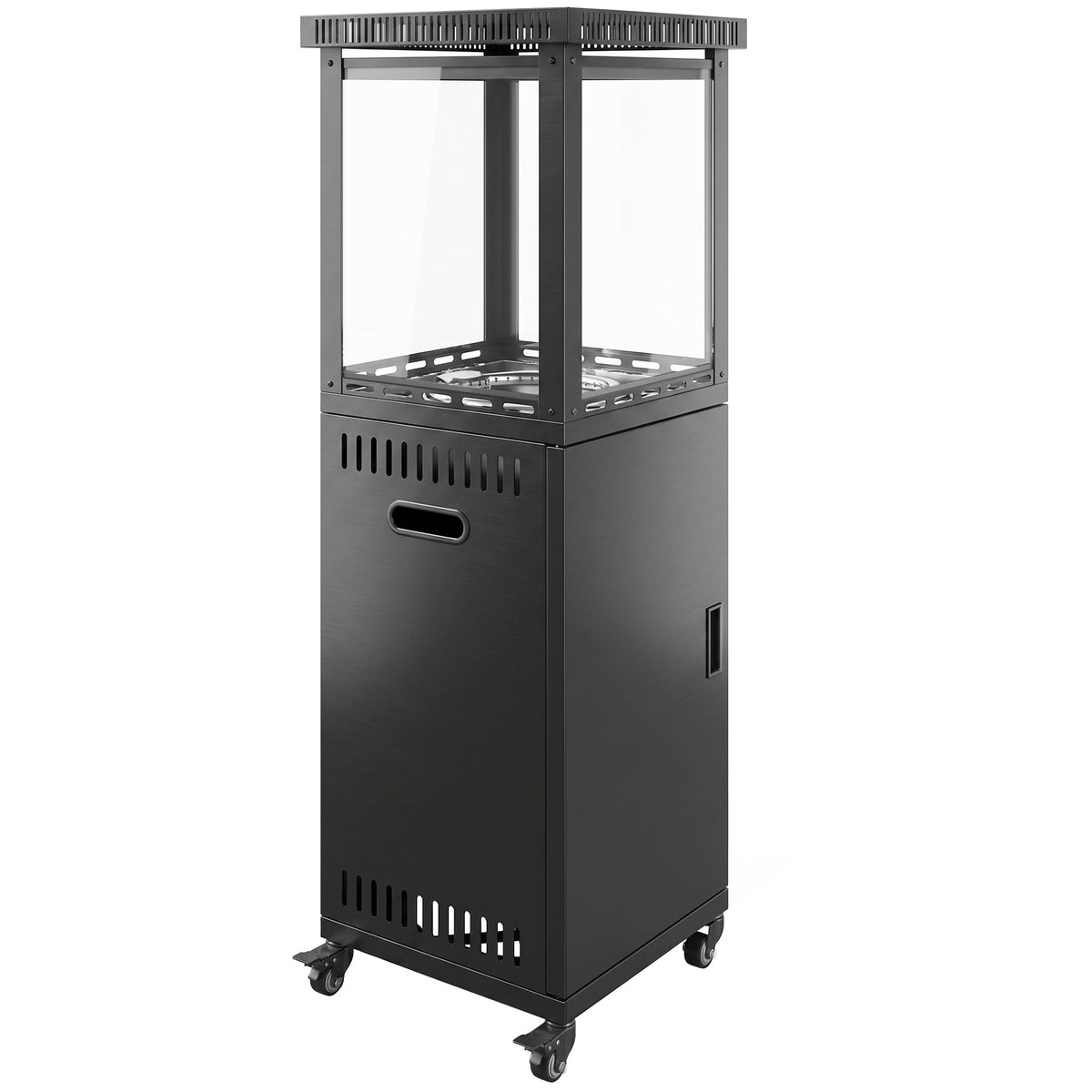 13kW Gas Patio Heater | Propane & Butane | Stepless Control | Piezo Ignition | Tempered Glass Wind Guard | 45° Tilt Shut-Off | Lava Rocks | 4 Wheels (2 Lockable) | 30m² | 46x46x137cm | Black
