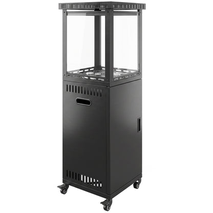 13kW Gas Patio Heater | Propane & Butane | Stepless Control | Piezo Ignition | Tempered Glass Wind Guard | 45° Tilt Shut-Off | Lava Rocks | 4 Wheels (2 Lockable) | 30m² | 46x46x137cm | Black