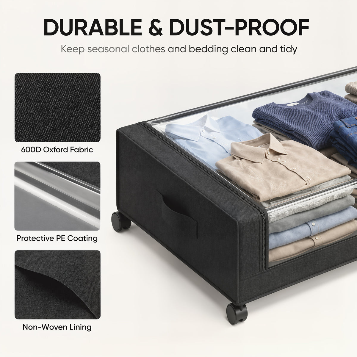 2-Pack Under-Bed Storage Boxes | 40 L Each Fabric Rolling Drawers with Clear PVC Lids & Wheels | 10 kg Load | Black