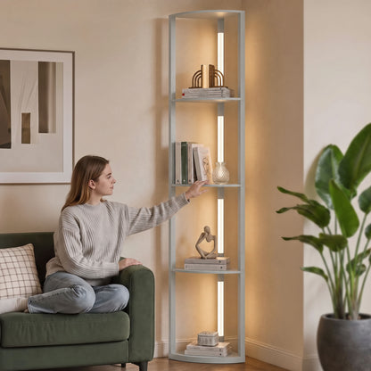 Corner Floor Lamp with 4-Tier Shelving | Grey MDF Plastic | 41x29.5x163.5cm | 3000K Warm White LED | 1530lm | 3-Level Brightness | Foot Switch | 25000hrs | 8kg