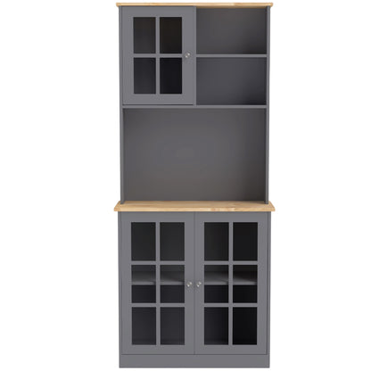 Kitchen Pantry Storage Cabinet | Grey & Oak Buffet Hutch with 3 Cabinets, Adjustable Shelf, 2 Open Shelves & Countertop | 80 x 37 x 183 cm