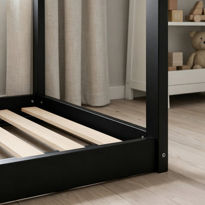 Single House Bed Frame | Pine Wood Kids Bed with Roof Frame, 15 Slats & 120 kg Capacity | 90 x 190 cm Mattress | Black