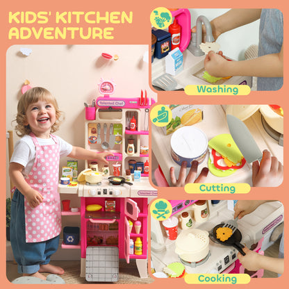 AIYAPLAY Pretend Play Kitchen Set with Realistic Lights & Sounds, 104PCS Toy Kitchen Accessories for Boys and Girls, Pink