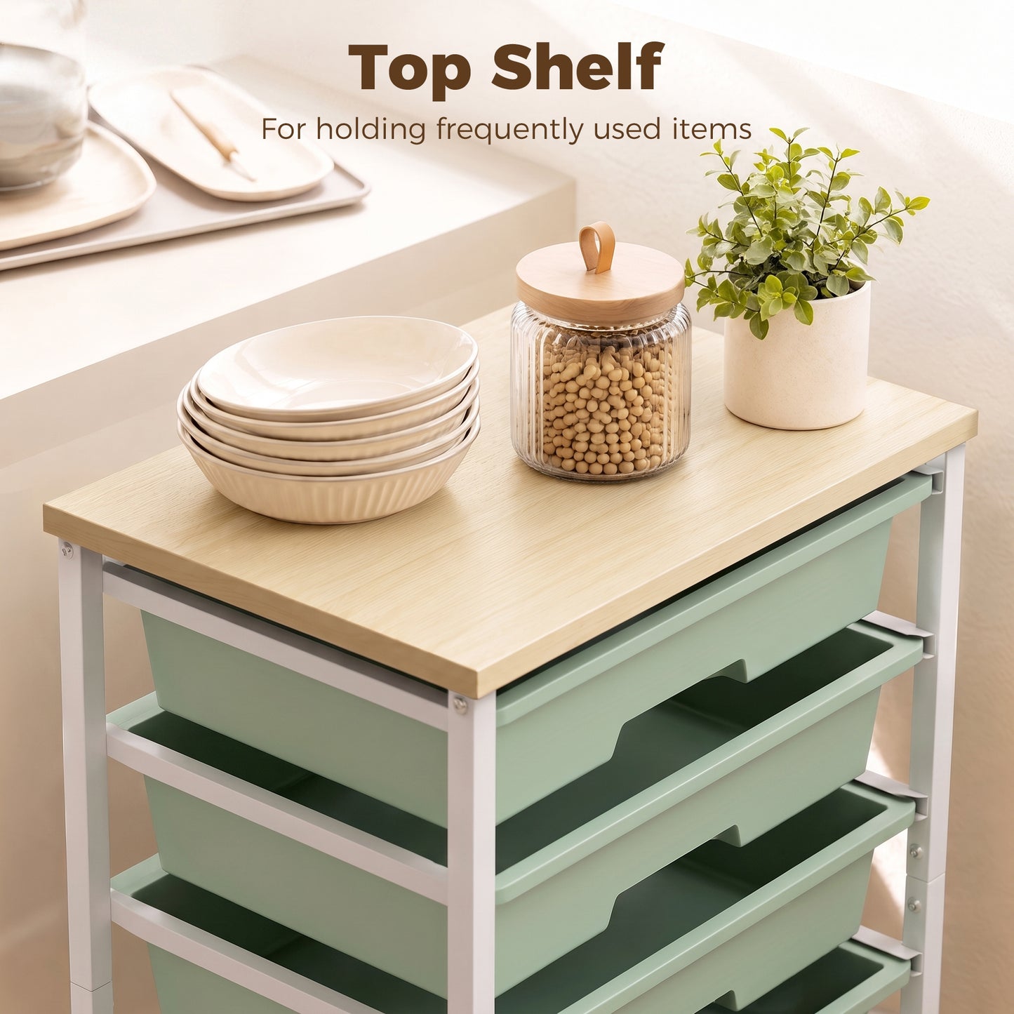 6-Tier Storage Trolley on Wheels | 5 Pull-Out Drawers | Rolling Kitchen Cart | Green