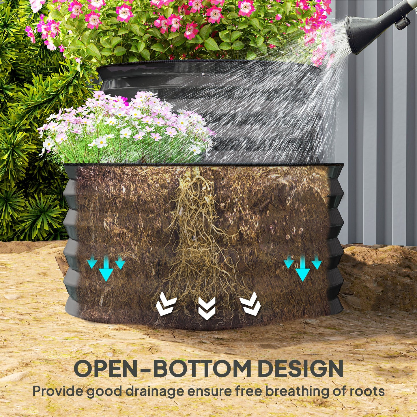 2-Tier Galvanised Steel Raised Garden Bed | 0.6mm Steel | Open Bottom | Folded Safety Edge & Rubber Strip | Bottom 149x59cm Top 89x59cm | 150x60x57cm | Dark Grey