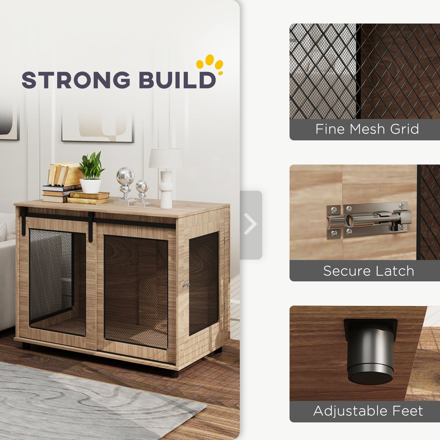 Dog Crate Furniture Side Table | Barn Door & Side Door | 3-Sided Ventilation | Large Dogs up to 30kg | 98 x 60 x 78cm | Walnut Brown