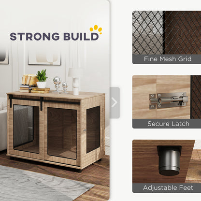 Dog Crate Furniture Side Table | Barn Door & Side Door | 3-Sided Ventilation | Large Dogs up to 30kg | 98 x 60 x 78cm | Walnut Brown