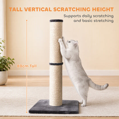 80cm Cat Scratching Post | Dark Grey Sisal Rope Claw Scratcher with Plush Base | 5kg