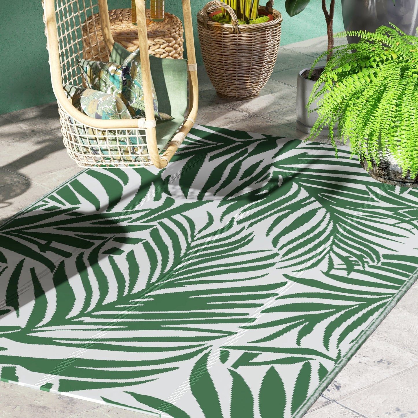 Reversible Outdoor Rug | Waterproof | UV-Resistant Polypropylene 310g | Green Leaves Design | Foldable | 152x243cm | Green & White | Patio Garden Camping Beach RV Campervan