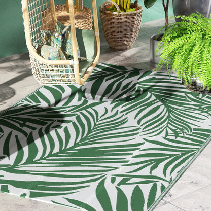 Reversible Outdoor Rug | Waterproof | UV-Resistant Polypropylene 310g | Green Leaves Design | Foldable | 152x243cm | Green & White | Patio Garden Camping Beach RV Campervan