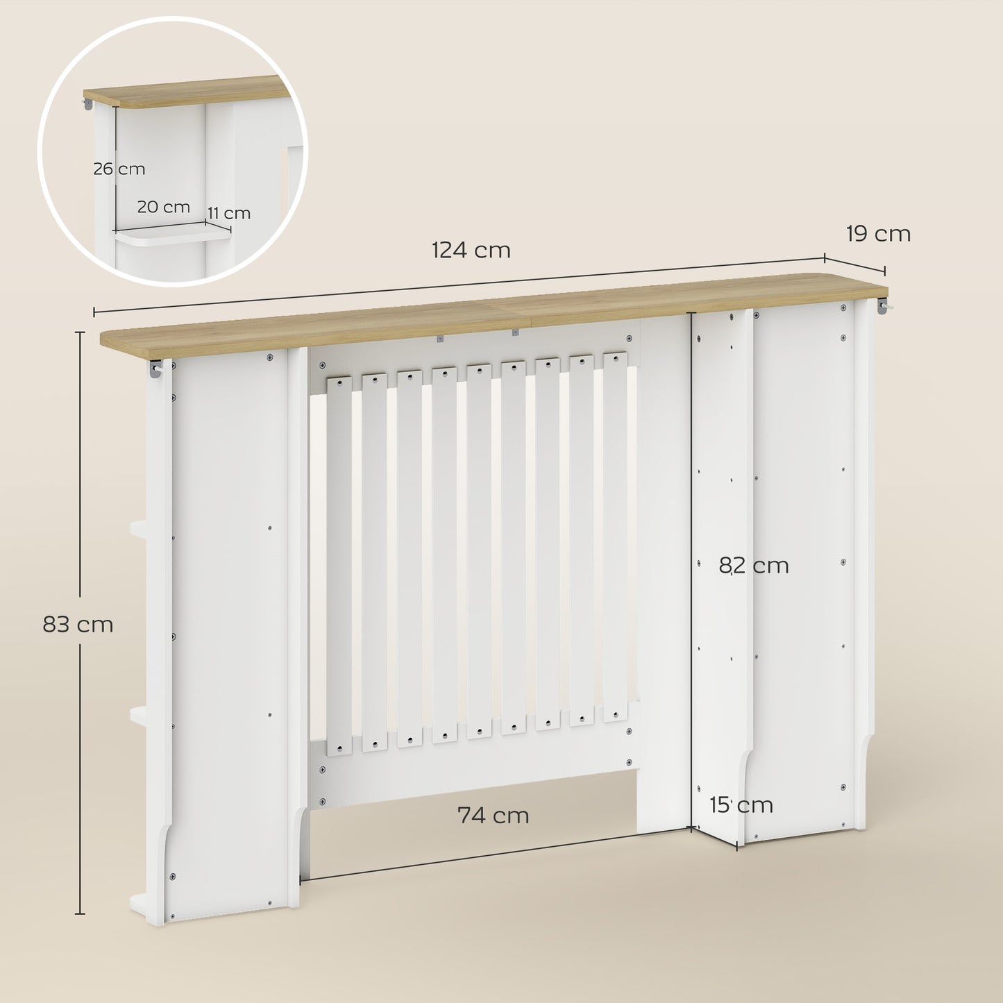 Radiator Cover with Open Storage Shelves, Vertical Slatted Cabinet Shelf Heater Cover for Living Room, Hallway, Medium, White (H: 83 / W: 124 / D: 19 cm)