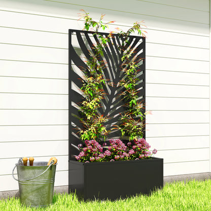 Metal Raised Planter with Large Leaf Cut-Out Trellis & Privacy Screen | Wall Mounted or Freestanding | 29L Soil | 50kg | Powder-Coated | 61x23x113cm | Climbing Plants | Black