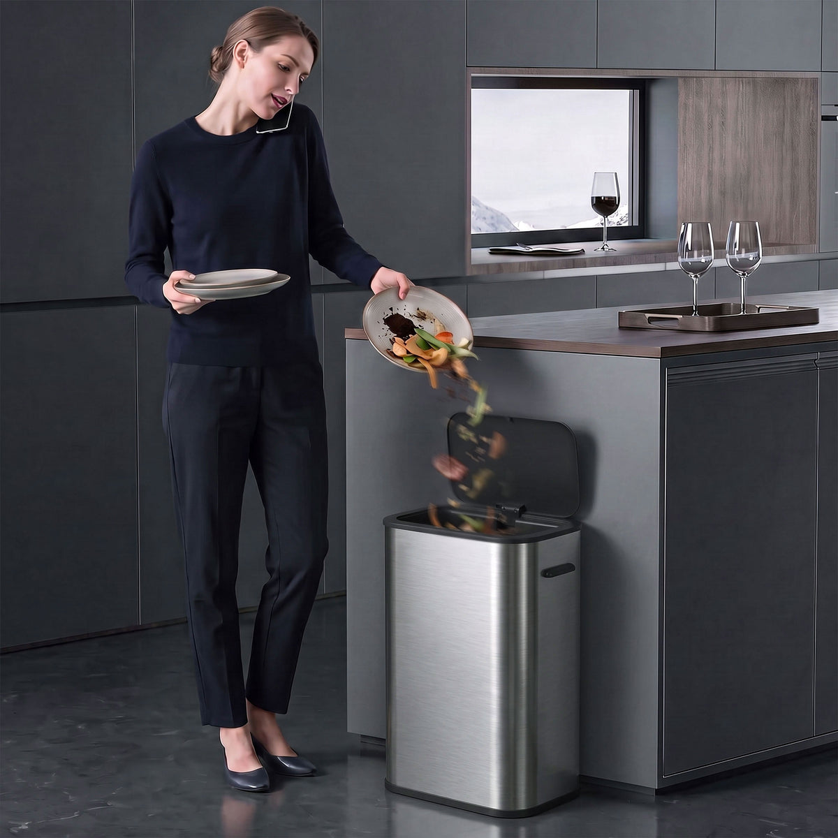 55L Touchless Sensor Bin | Automatic Motion-Activated Kitchen Waste Bin | Soft-Close Lid | Stainless Steel | Silver