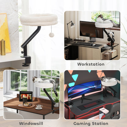 Cat Desk Bed | 360° Rotatable | Desk & Window Clamp | All-Season Plush | Up to 6kg | Cream White