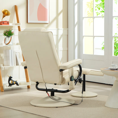 Swivel Recliner Chair and Footstool, Faux Leather Massage Recliner Armchair with Remote Control and Round Wrapped Base, Cream White