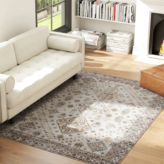 Vintage Retro Style Area Rug, Non-Slip Washable Rug, Flannel Floor Carpet for Living Room, Bedroom, Dining Room, Home Office, 230 x 160 cm, Beige
