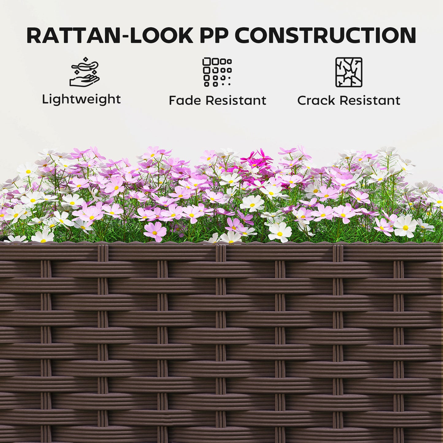 Modular Self-Watering Raised Planter Boxes | Built-In Reservoir | Drainage Holes & Plugs | Rattan-Style PP | Fade Resistant | 20kg Capacity | 120x40x37cm | Brown